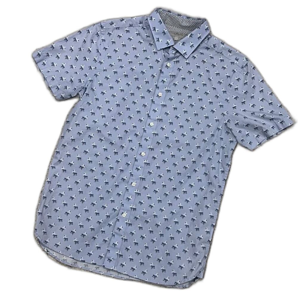 Ted Baker London Light Blue Flamingo Short Sleeve Button Down Shirt Sz 3 Medium